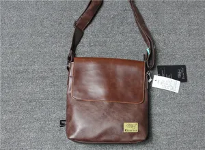 Men's brown vertical PU leather messenger bag casual shoulder crossbody bag with flap cover.