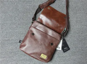 Brown men's vertical PU leather shoulder messenger bag with flap and magnetic closure.