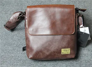 Men's vintage vertical leather shoulder bag, casual crossbody bag with flap and strap.