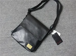 Men black PU leather messenger bag vintage vertical crossbody shoulder bag with flap