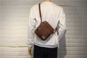 Men's vertical brown PU leather shoulder bag casual outdoor crossbody bag with zipper closure.