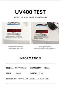 Y2K Metallsunnenbrille UV400 Testdetails und umfassende Produktspezifikationen Display-Tabelle.