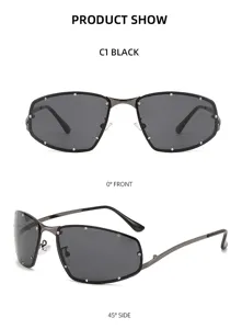 Y2K Metall Sonnenbrille für Damen, trendige rahmenlose Strass Sonnenbrille mit dunklen Gläsern.