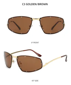 Y2K Metall Strass Sonnenbrille für Damen, trendige rahmenlose Retro Brille mit braunen Gläsern.