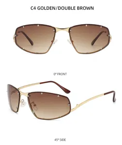 Y2K Metal Sonnenbrille für Damen, trendige braune Verlaufsgläser mit Strasssteinen.