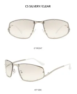 Y2K Metall rahmenlose Sonnenbrille für Damen, trendige Strass Farbverlauf Sonnenbrille weisse Bügel.