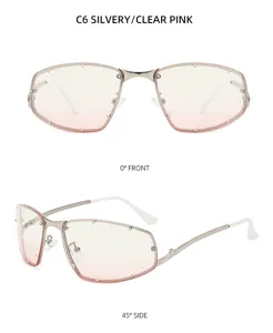 Y2K Metall Sonnenbrille mit Strass randlos rosa Farbverlauf Glaeser Detailansicht 45 Grad