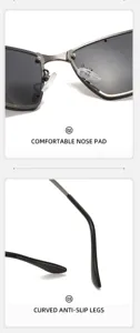 Y2K Metallsonnenbrille Detail mit bequemen Nasenpolstern und rutschfesten gewölbten Bügeln.