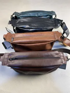 Men's retro chest bag detail shot, vintage PU leather crossbody bag, multi-color casual street style.