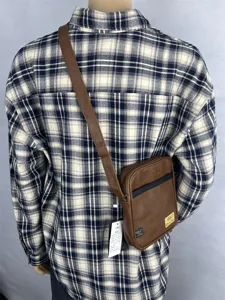 Brown PU vertical crossbody bag detail view, casual student shoulder bag with adjustable strap.