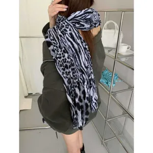Millennial vintage leopard pleated thin neck silk scarf, elegant sun protection shawl for women.