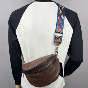 Casual brown leather crossbody bag for men and women with colorful ethnic wide strap main view