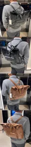Vue arrière détaillée du sac à dos vintage en cuir pour hommes avec bretelles et boucle.