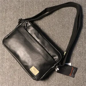 Black faux leather messenger bag for men, casual crossbody shoulder bag with zipper pocket.