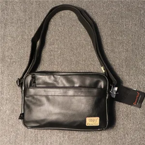 Men's black leather shoulder bag casual crossbody messenger bag with front zipper pocket main view