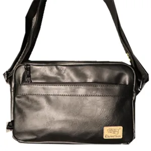Black leather messenger bag for men, casual crossbody shoulder bag with zipper pockets.