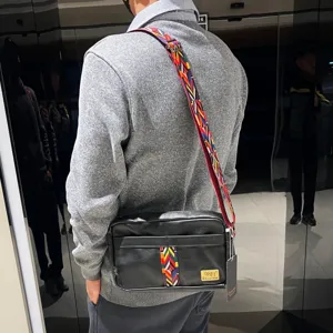 Men Retro Casual Messenger Bag PU Leather Ethnic Woven Ribbon Crossbody Bag Fashion Waterproof Single Shoulder Bag