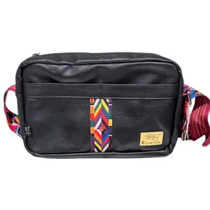 Retro casual crossbody bag with ethnic strap, black PU leather shoulder bag for men women.