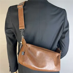 Men minimalist retro brown leather crossbody shoulder bag for casual daily street fashion style
