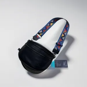 Men's black PU leather crossbody bag with colorful geometric strap, stylish retro casual sling bag.