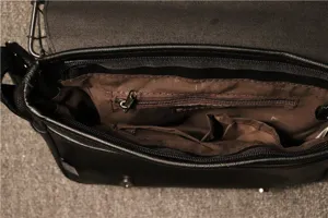 Mens vintage black shoulder bag interior detail view daily casual cross body messenger bag