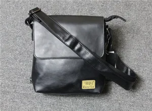 Men's black vertical shoulder bag PU leather casual crossbody bag with flap and strap.