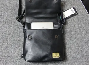 Men black PU leather vertical shoulder bag casual messenger bag with tablet capacity display.