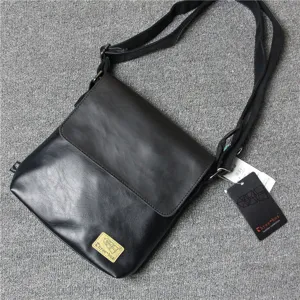 Men's black soft leather shoulder messenger bag casual crossbody vertical flip top bag for daily use