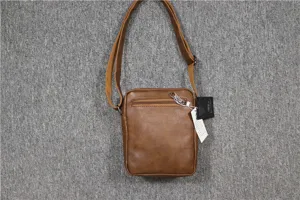 Men's brown vertical PU leather shoulder bag casual outdoor crossbody bag with zipper pocket