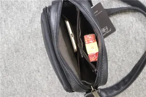 Men's vertical leather shoulder bag casual crossbody messenger bag with multi-compartments.