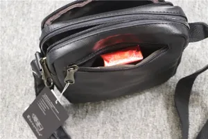 Men black vertical leather shoulder bag casual crossbody bag with multiple zip pockets.