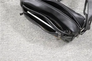 Black leather messenger bag with multiple zipper compartments for casual men daily use