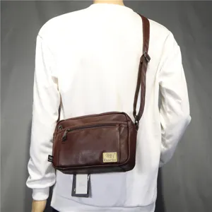 Men brown PU leather messenger bag casual crossbody shoulder bag for daily travel and work use