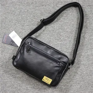Black PU leather casual messenger bag for men and women with adjustable crossbody shoulder strap.