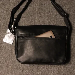 Men black leather crossbody messenger bag vintage casual flap shoulder bag with zipper pocket