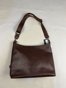 Detailed view of the dark brown leather men's shoulder bag with wide strap and embossed logo.