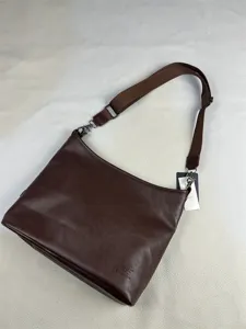 Men brown leather hobo shoulder bag casual crossbody tote bag detailed view showing texture.