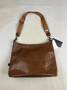 Detailed view of the brown men's PU leather shoulder messenger bag with durable fabric strap.
