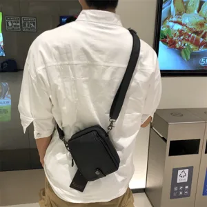 Three-box men casual vertical crossbody bag soft leather black shoulder bag daily use