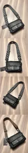 Black PU leather messenger bag detail showing stylish geometric strap and metal snap closure.