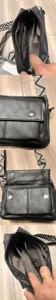 Men's black soft leather messenger bag with woven strap and multiple compartments.