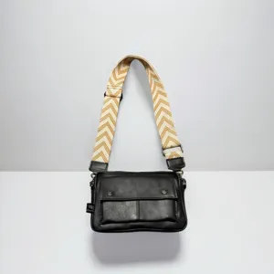 Black leather crossbody bag for men, stylish wide chevron strap, casual messenger shoulder bag.