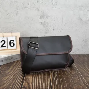 Classic men's retro soft leather messenger bag with adjustable strap and chic flap design.