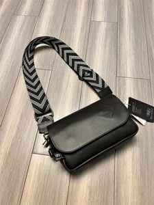 Men casual crossbody bag black pu leather shoulder bag with wide geometric strap stylish daily use