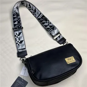 Men's black leather crossbody bag with geometric wide strap casual shoulder bag.
