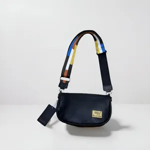 Casual black cross-body shoulder bag with stylish colorful wide strap for daily fashion.