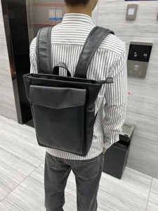 Men black leather backpack casual business laptop school bag stylish daypack detail view