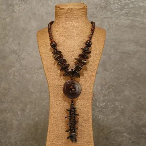 Bohemian handmade coconut shell long necklace vintage wooden beads sweater chain for women