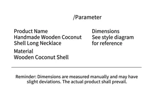 Handmade wooden coconut shell long necklace detail specification and material info.