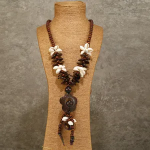 Bohemian wooden shell long necklace vintage ethnic style statement pendant jewelry for women